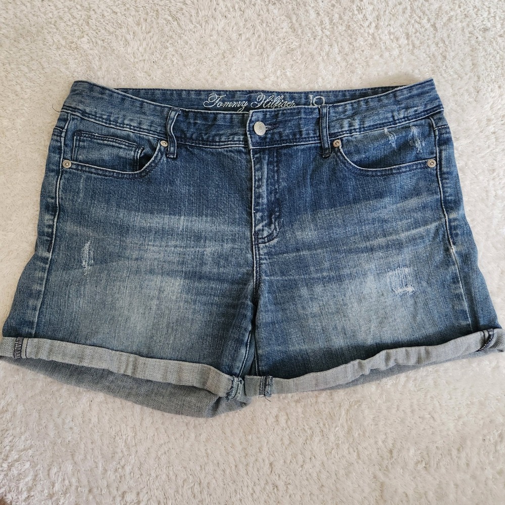 Tommy Hilfiger Womens Medium Wash Cuffed Denim Shorts Distressed Size 10
